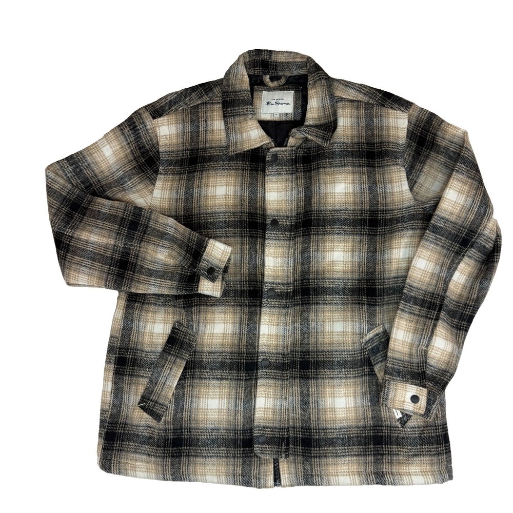 Ben Sherman Men's Flannel Shirt / Jacket Sz XL Shacket Brown Plaid Snap Lined